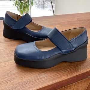 Paloma Wool Miguelina platform mary jane navy blue leather wedge shoes, size 42